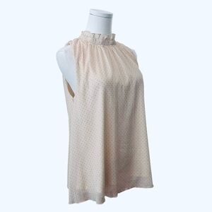 NEW Women's Small Ivory Gold Swiss Dot Ruffle High Neck Sleeveless Work  Blouse